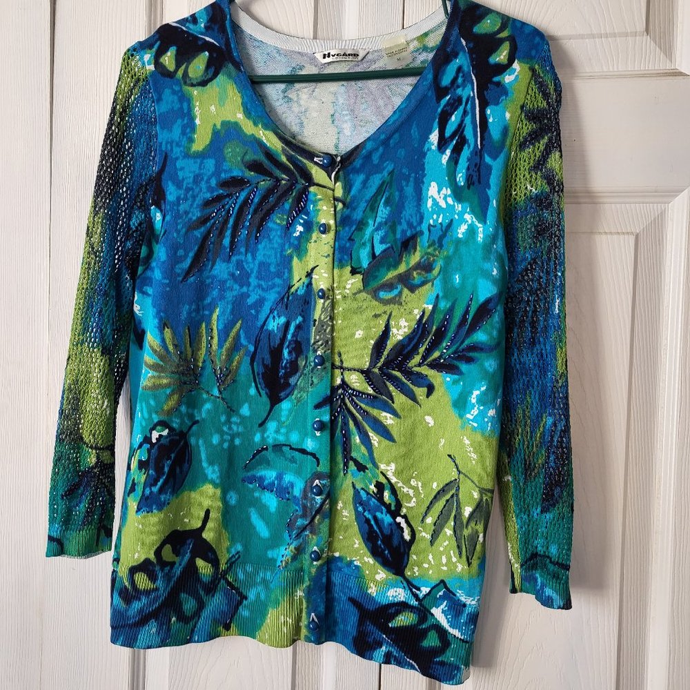 Stunning Blue & Green Beaded Cardigan Sweater Medium